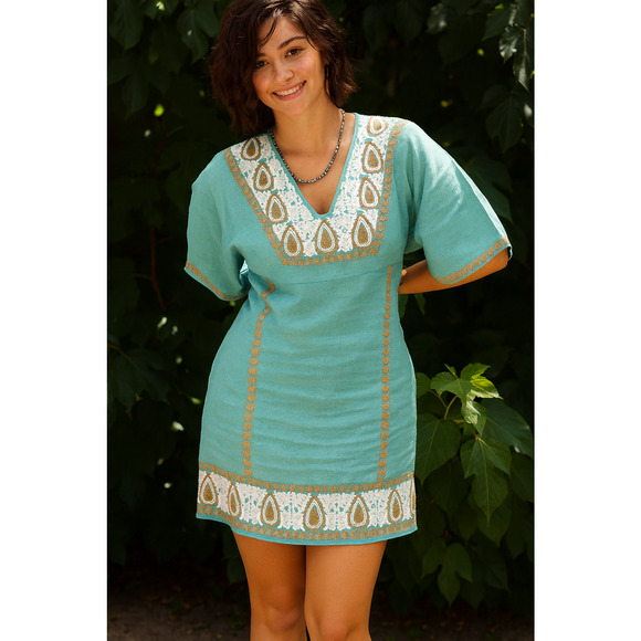 Uncle Frank 100% Linen Embroidered Dress V-Neck Boho Festival Pockets Size Small - Picture 11 of 12